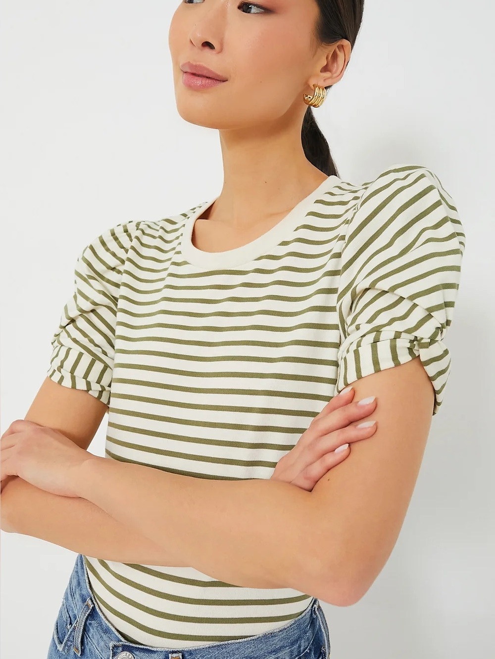Tuckernuck Pomander Place Olive Striped Vesty Puff Short Sleeve Crewneck